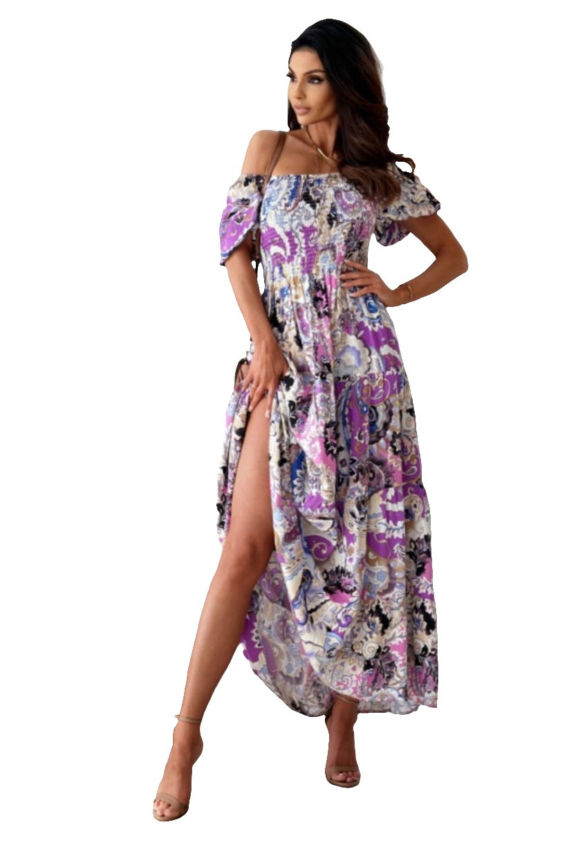 Retro Paisley Floral Smocked Bodice Tiered Colorful Summer Boho Maxi Dress