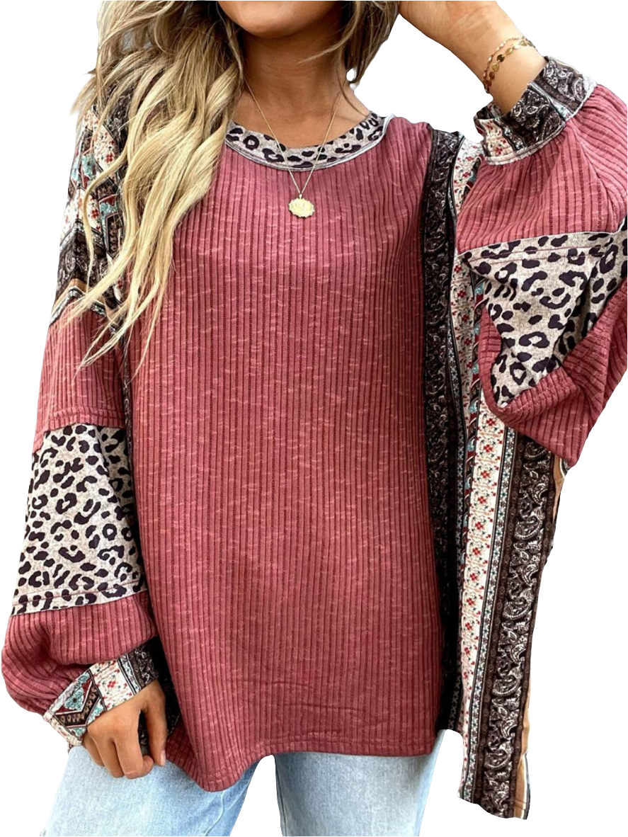 Leopard Patchwork Retro Floral Stripe Long Sleeve Blouse Top Hippie Boho Shirt