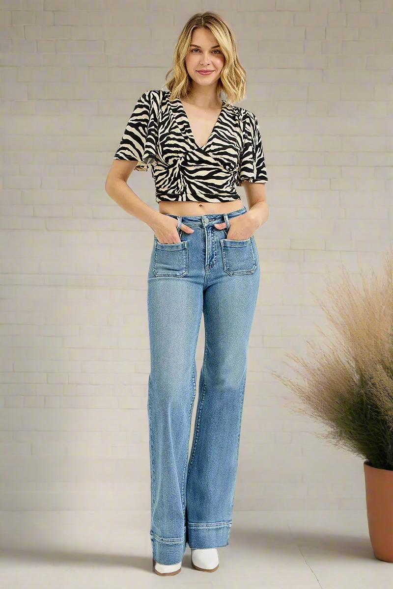 RISEN High-Rise Retro 70s Flare Leg Wide Released Hem Pants Slim Fit Denim Jeans Plus Size Available