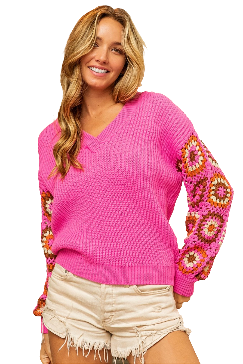 BiBi Crochet Granny Square Top Pullover Sweater Rib Knit Long Sleeve V-neck Shirt