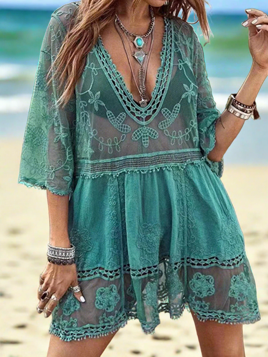 Lace Bohemian Oversized Swim Coverup Mini Dress Half-Sleeve Swimwear Cover