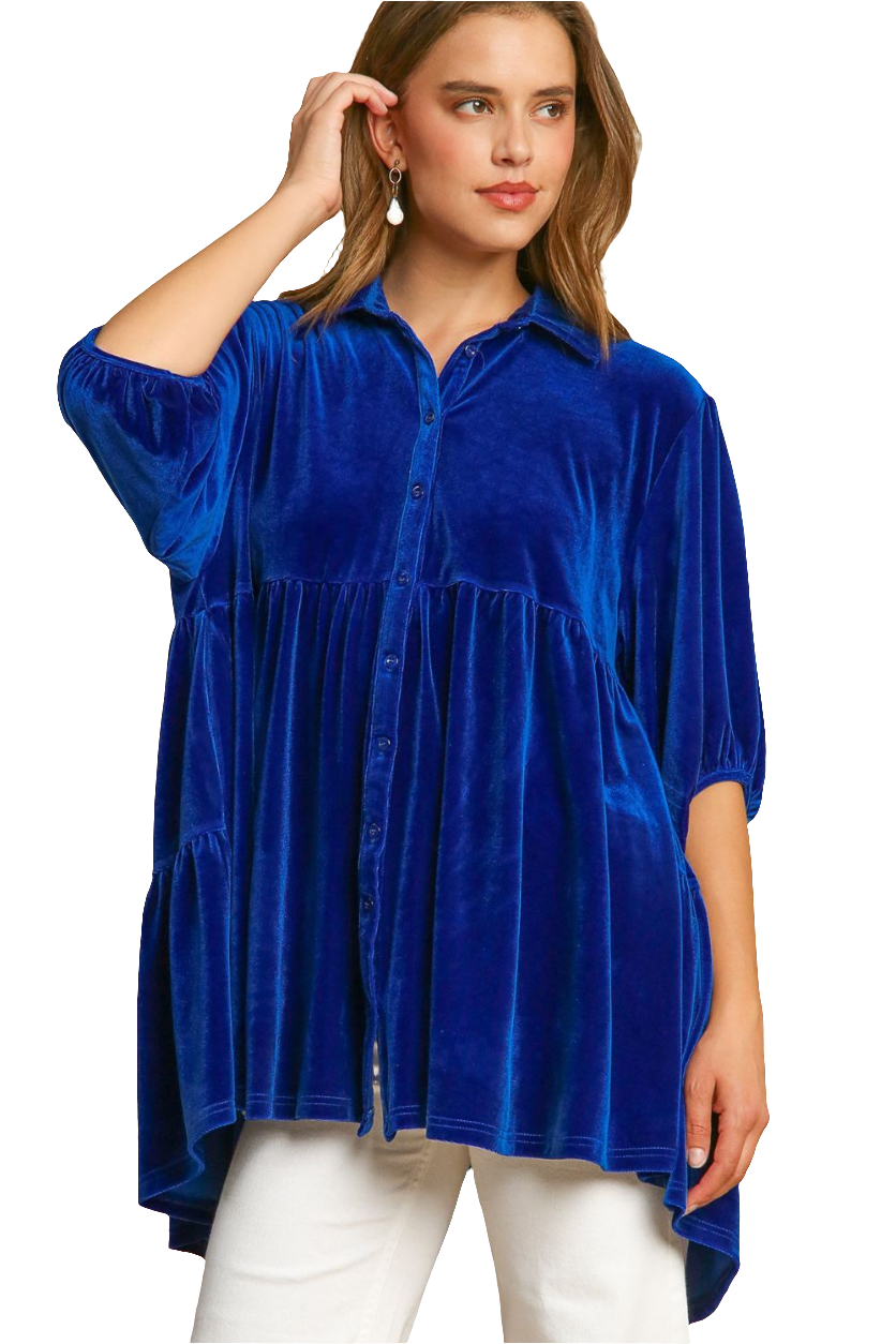 Umgee Velvet Boho Oversized Top Peplum Babydoll Tunic Shirt Tiered Velour Blouse