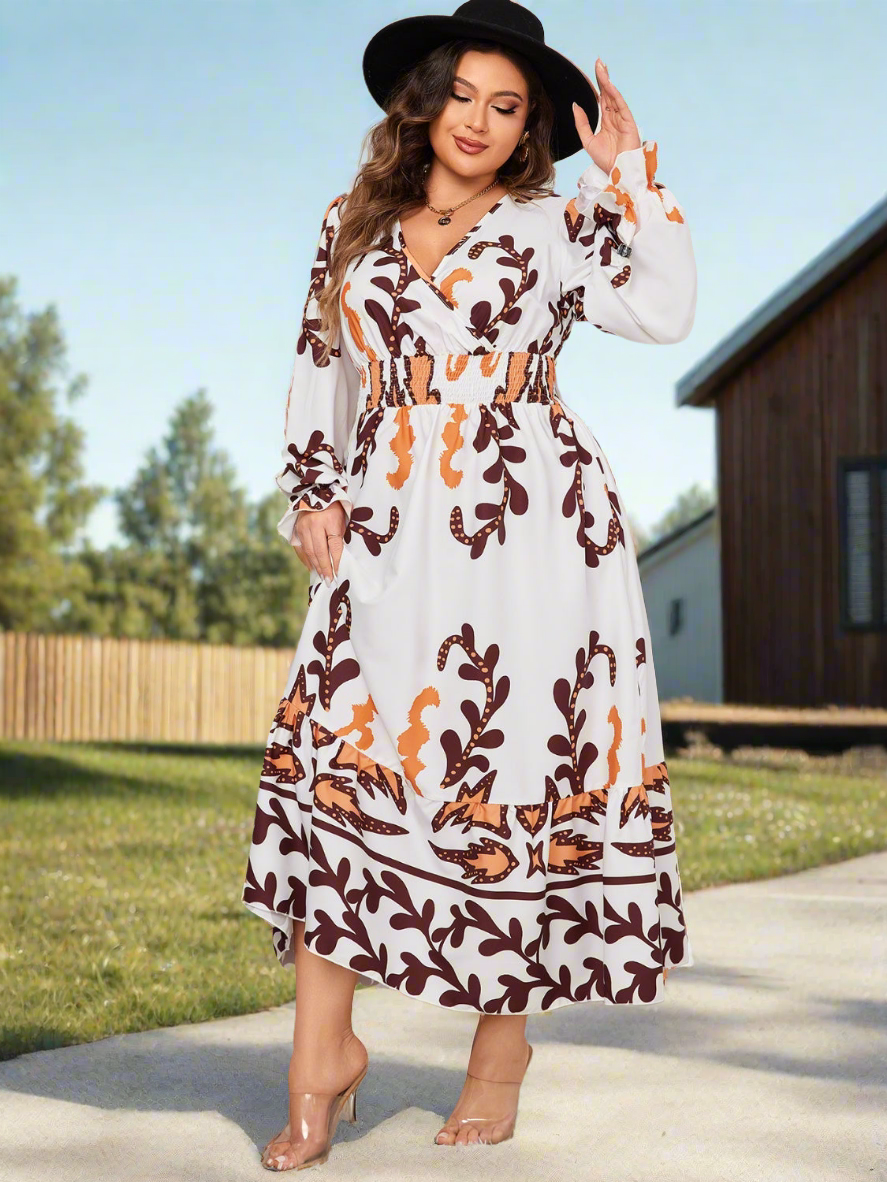 Plus Size Printed Surplice Flounce Sleeve Dress