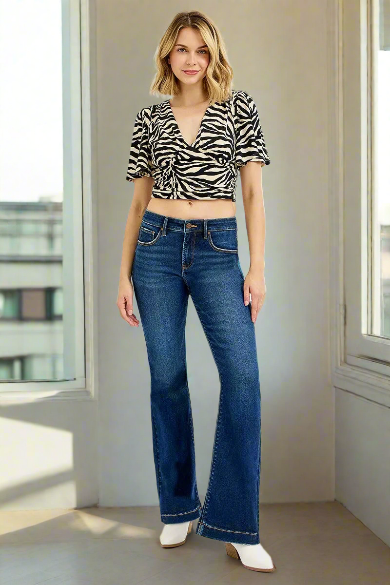 RISEN Mid-Rise Tummy Control Jeans Slim Flare Leg Released Raw Hem Denim Pants Plus Size Available