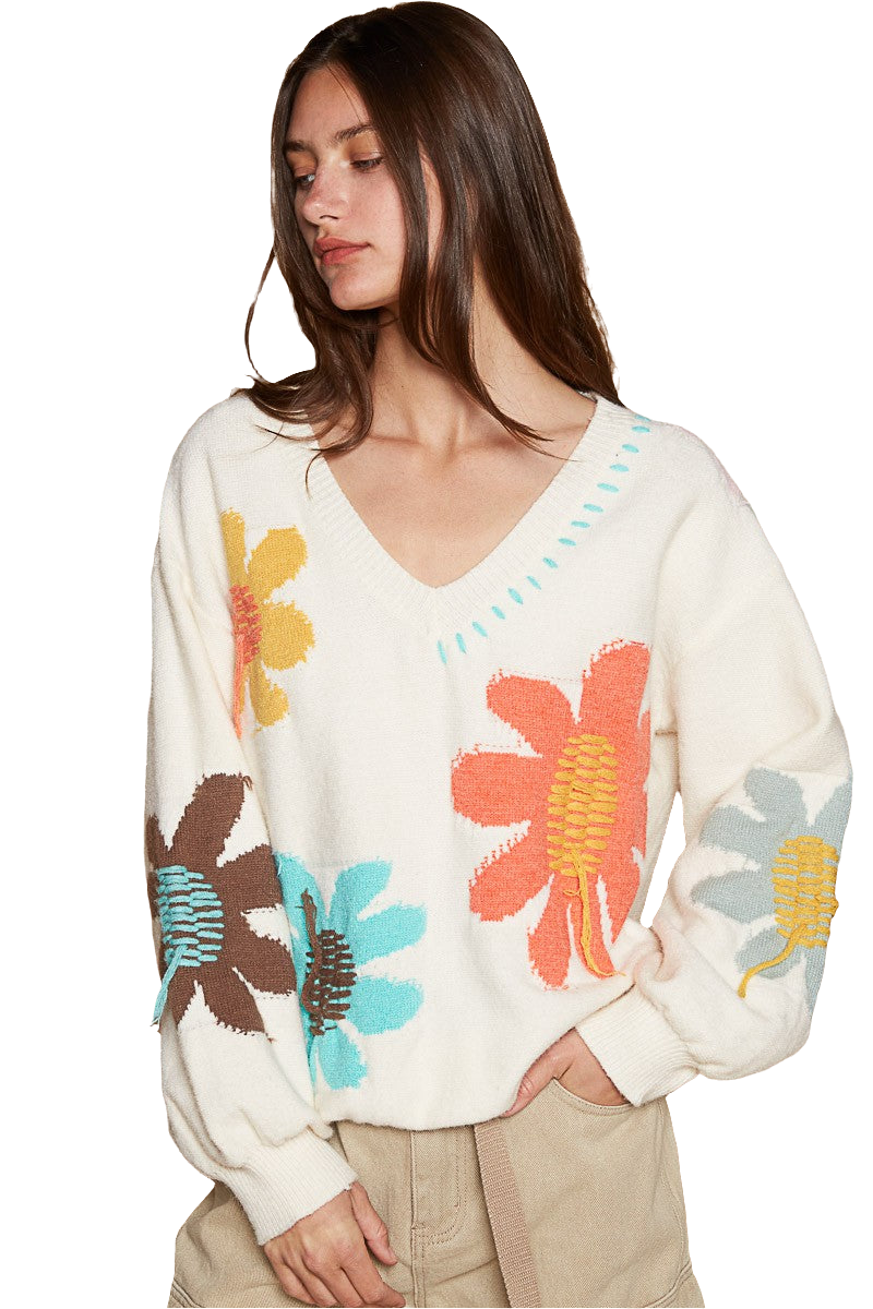 POL Daisy Fringe Retro Contrast Flower Top Embroidered Pullover Floral Knit Sweater