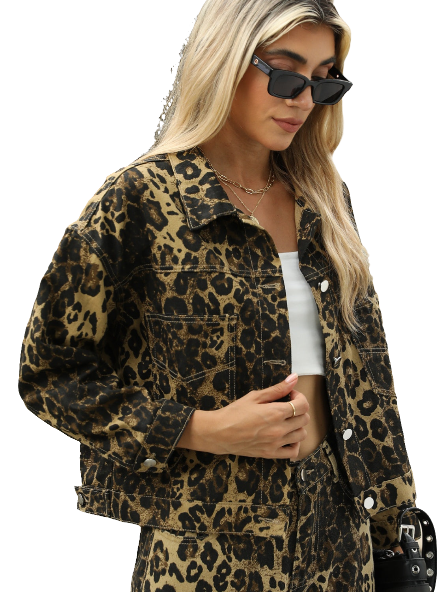 Leopard Print Denim Jean Jacket Full Button Front Classic Leopard Print Denim Jean Jacket Full Button Front Classic