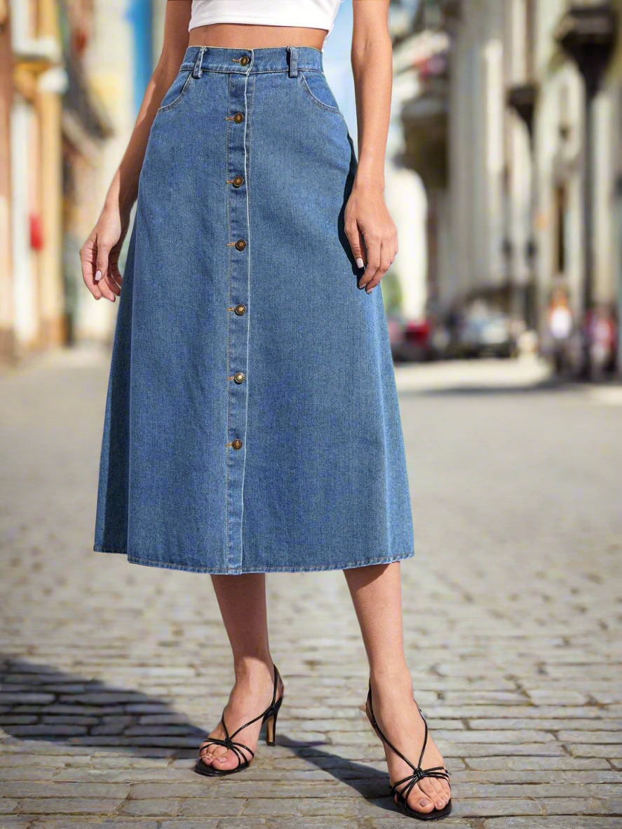 Button Front High-Rise Midi Retro Flare A-line Poque Blue Jean Denim Skirt Pockets