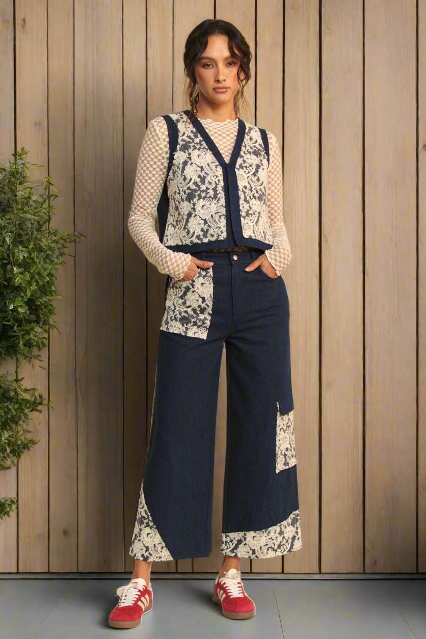 DAVI & DANI Jeans Lace Cargo Patchwork High-Rise Relaxed Wide Leg Denim Pants