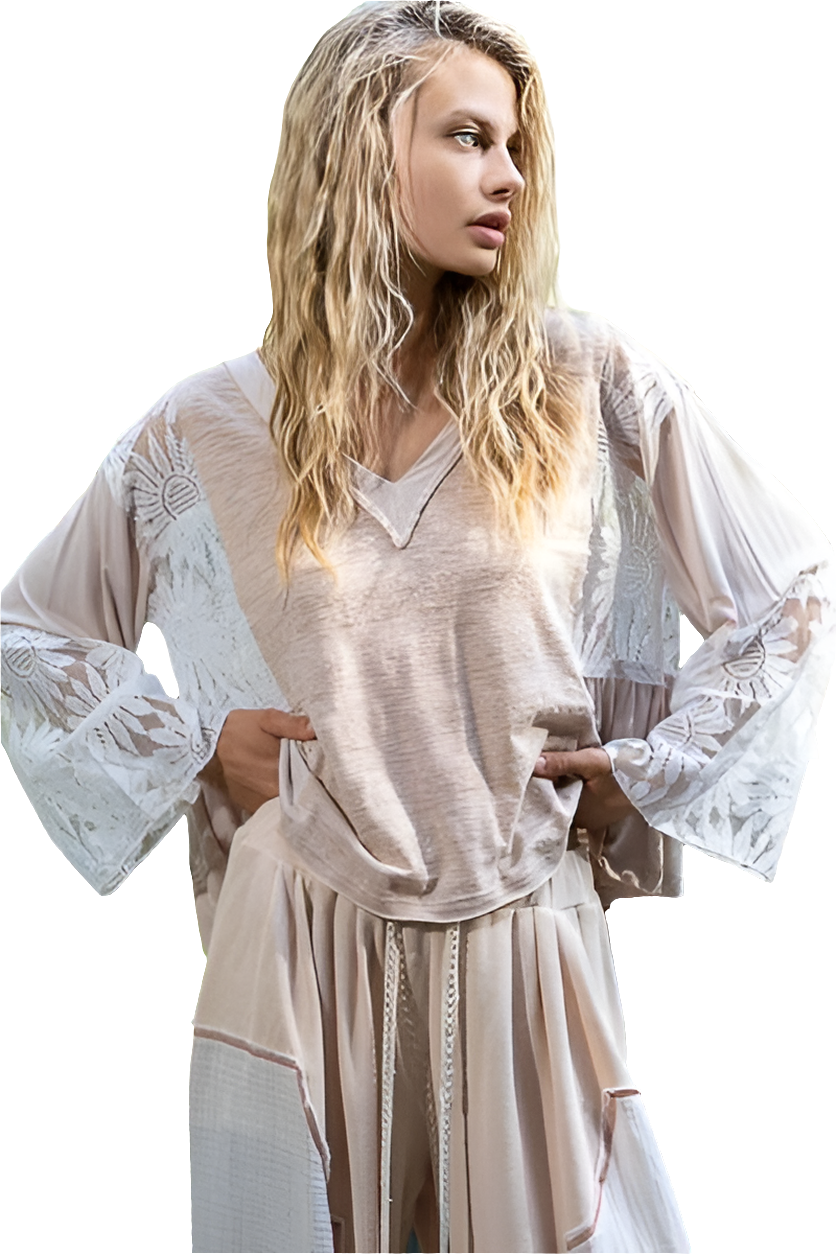 POL Floral Lace Patchwork Retro Flare Bell Sleeve Top Oversized Boho Hippy Shirt