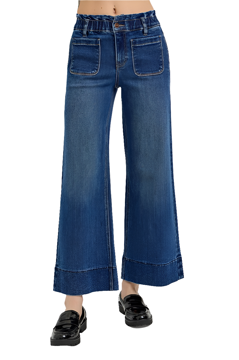 RISEN Elastic Waist High-Rise Retro Mom Jeans Relaxed Fit Wide Leg Denim Pants