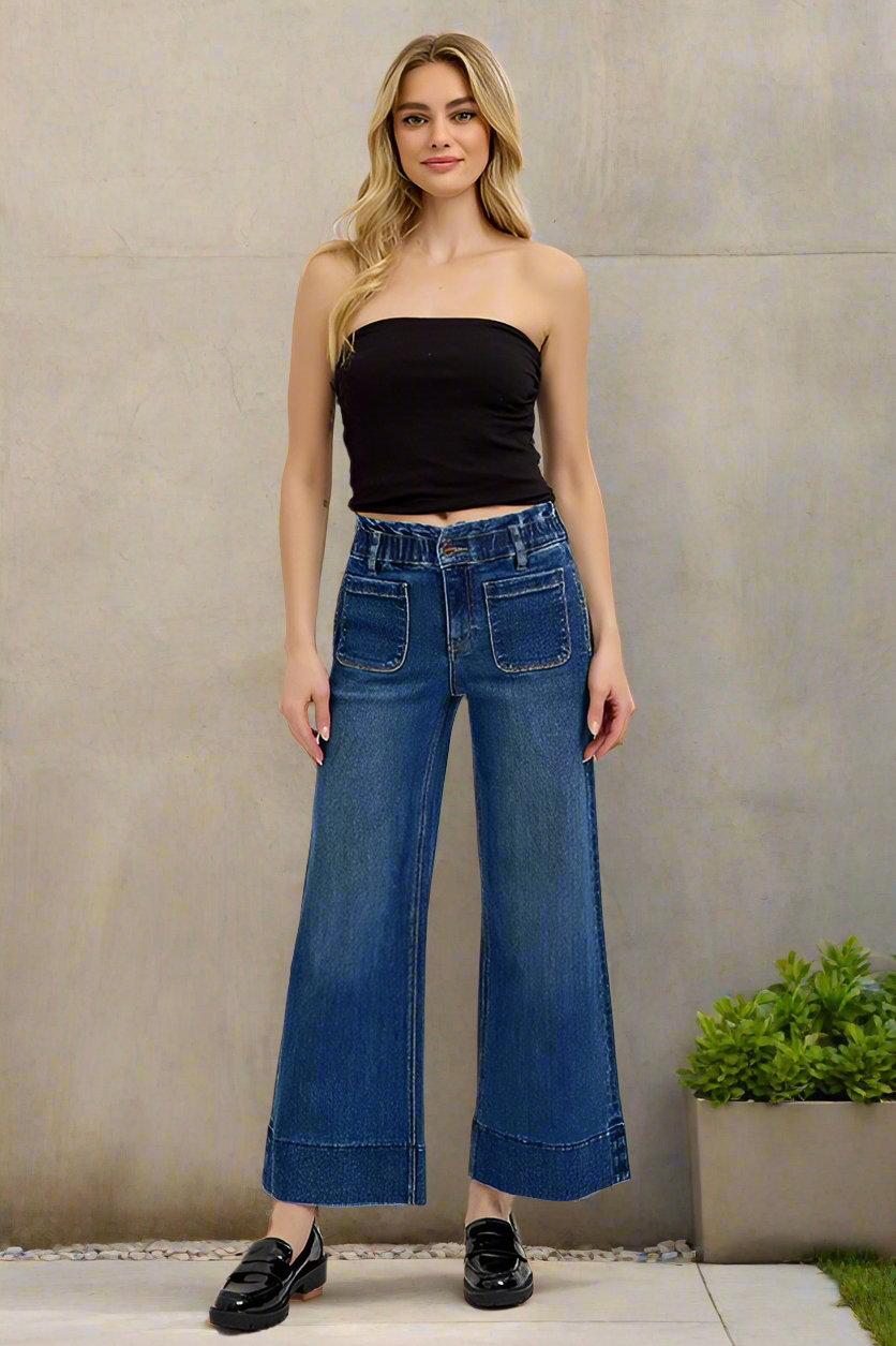 RISEN Elastic Waist High-Rise Retro Mom Jeans Relaxed Fit Wide Leg Denim Pants