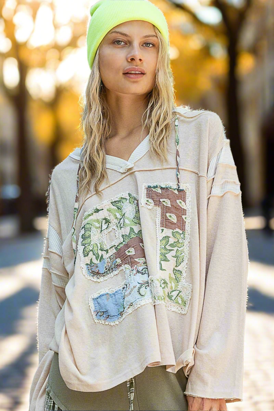 POL Patchwork Hoodie 91 Hobo Retro Exposed Seam Oversized Top Hippie Boho Shirt