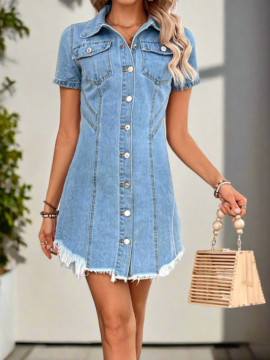 Denim Short Sleeve Button Front Minimalist Blue Jean Distressed Mini Shirt Dress