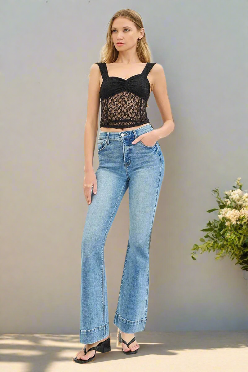RISEN Elastic Band High-Rise Slim Fit Tummy Control Flare Leg Pants Denim Jeans Plus Size Available