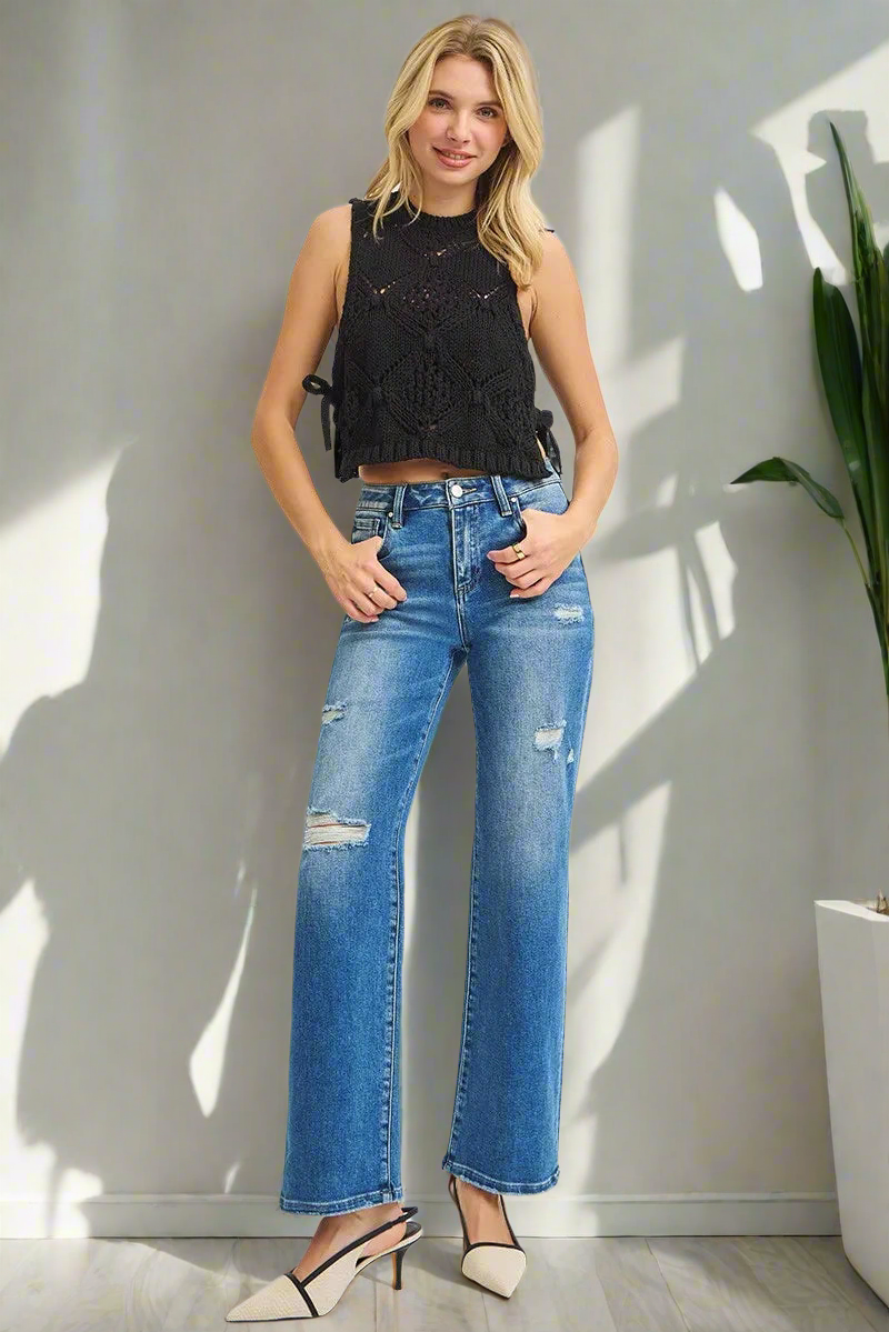 RISEN High-Rise Waist Distressed Holes Straight Leg Ankle Jeans Denim Pants Plus Size Available