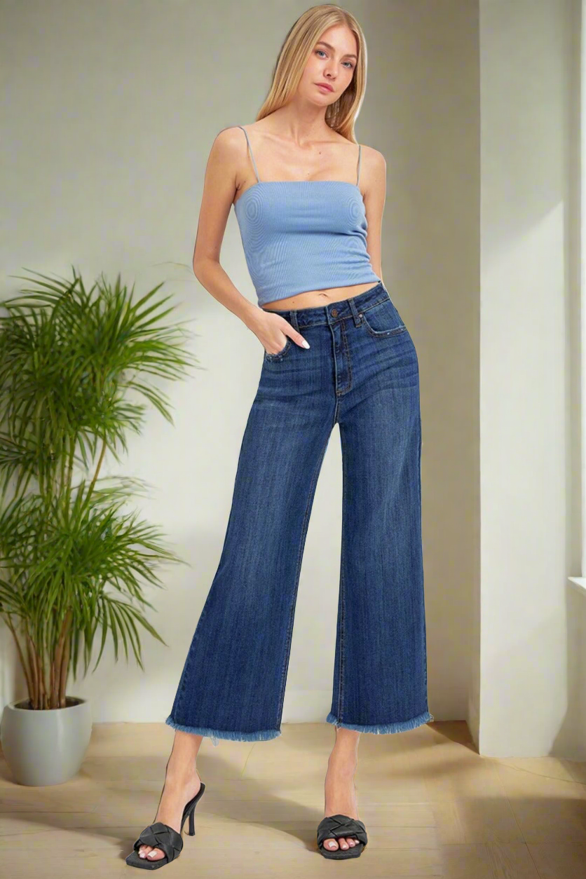 High-Rise Denim Jeans Wide Leg Cropped Raw Frayed Hem Retro Pants RISEN