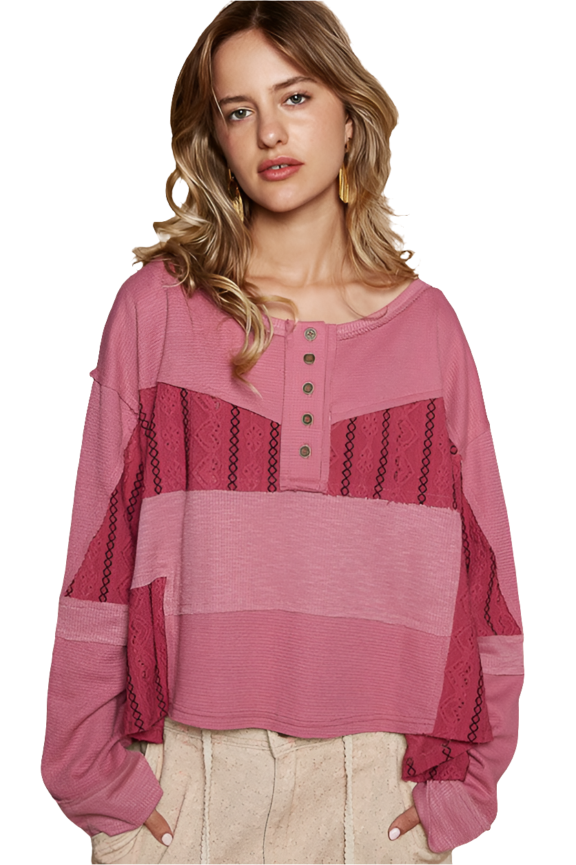 POL Eyelet Patchwork Waffle Knit Exposed Seam Top Embroidered Heart Oversized Shirt