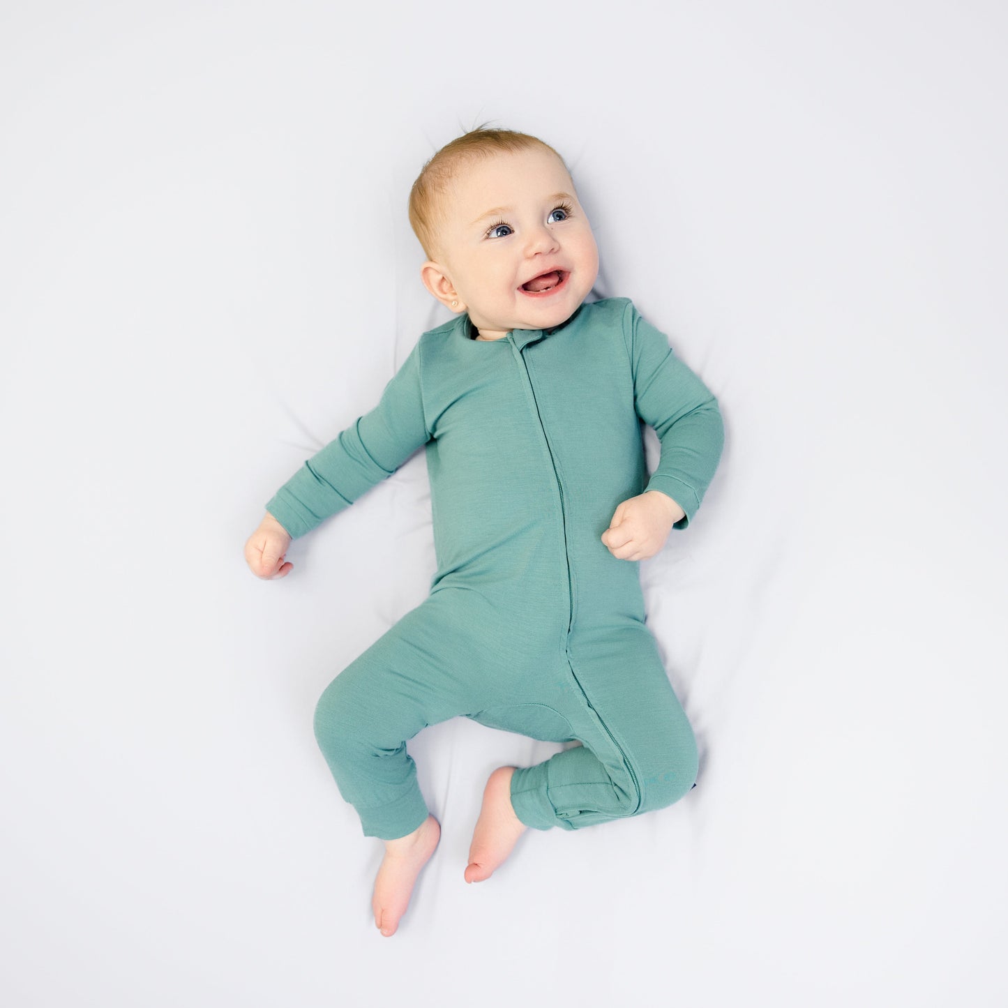 Larkspur Pant Romper Cloudweave Bamboo Long Sleeve Zip Baby Toddler One-piece Bodysuit Jade