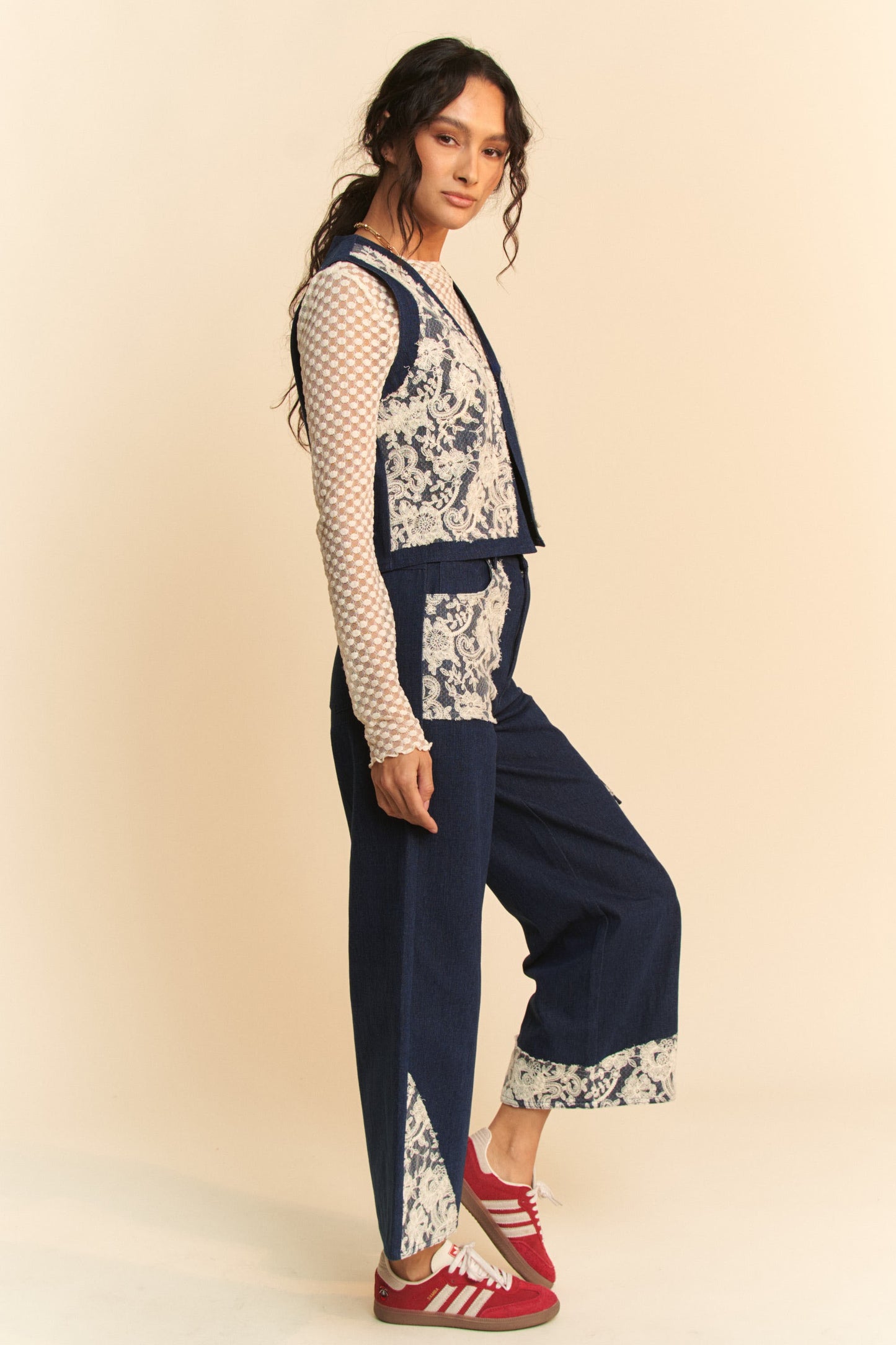 DAVI & DANI Jeans Lace Cargo Patchwork High-Rise Relaxed Wide Leg Denim Pants