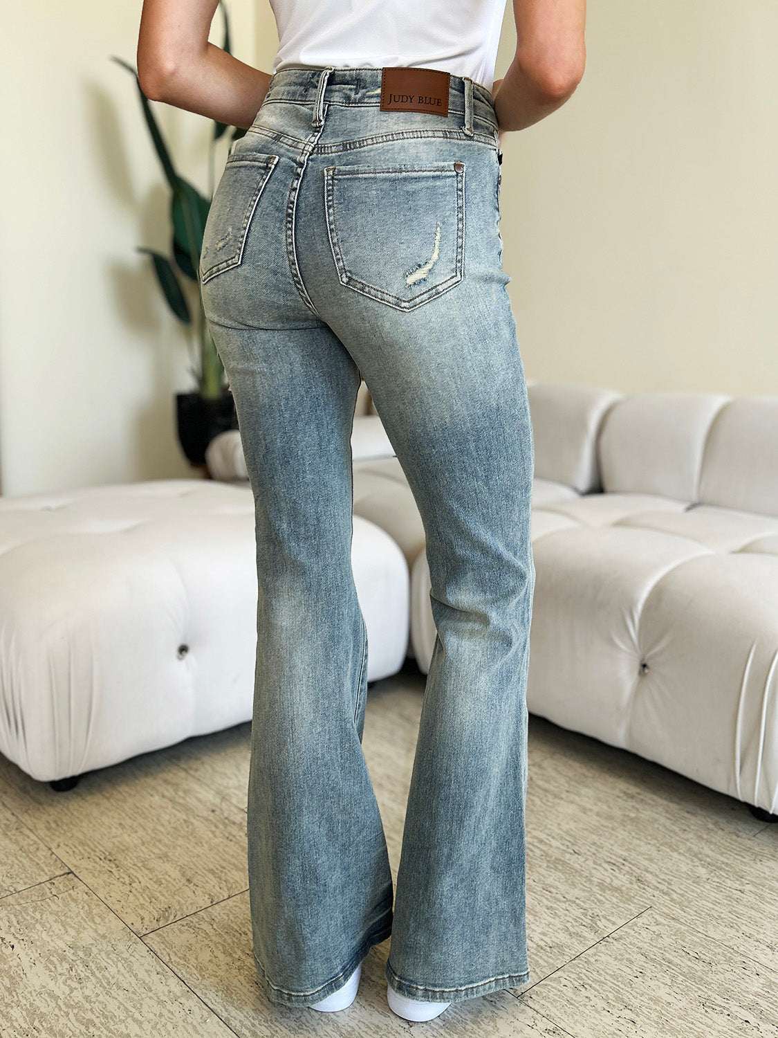 Dull Acid Wash High-Rise Waist Retro Flare Bell Bottom Stretch Skinny Leg Jean Pants Judy Blue