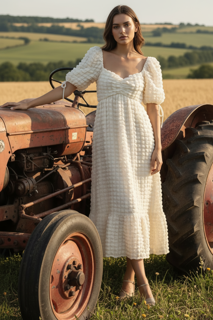 3D Popcorn Bubble Textured Sweetheart Neck Short Sleeve Smocked Back Tiered Midi Dress
