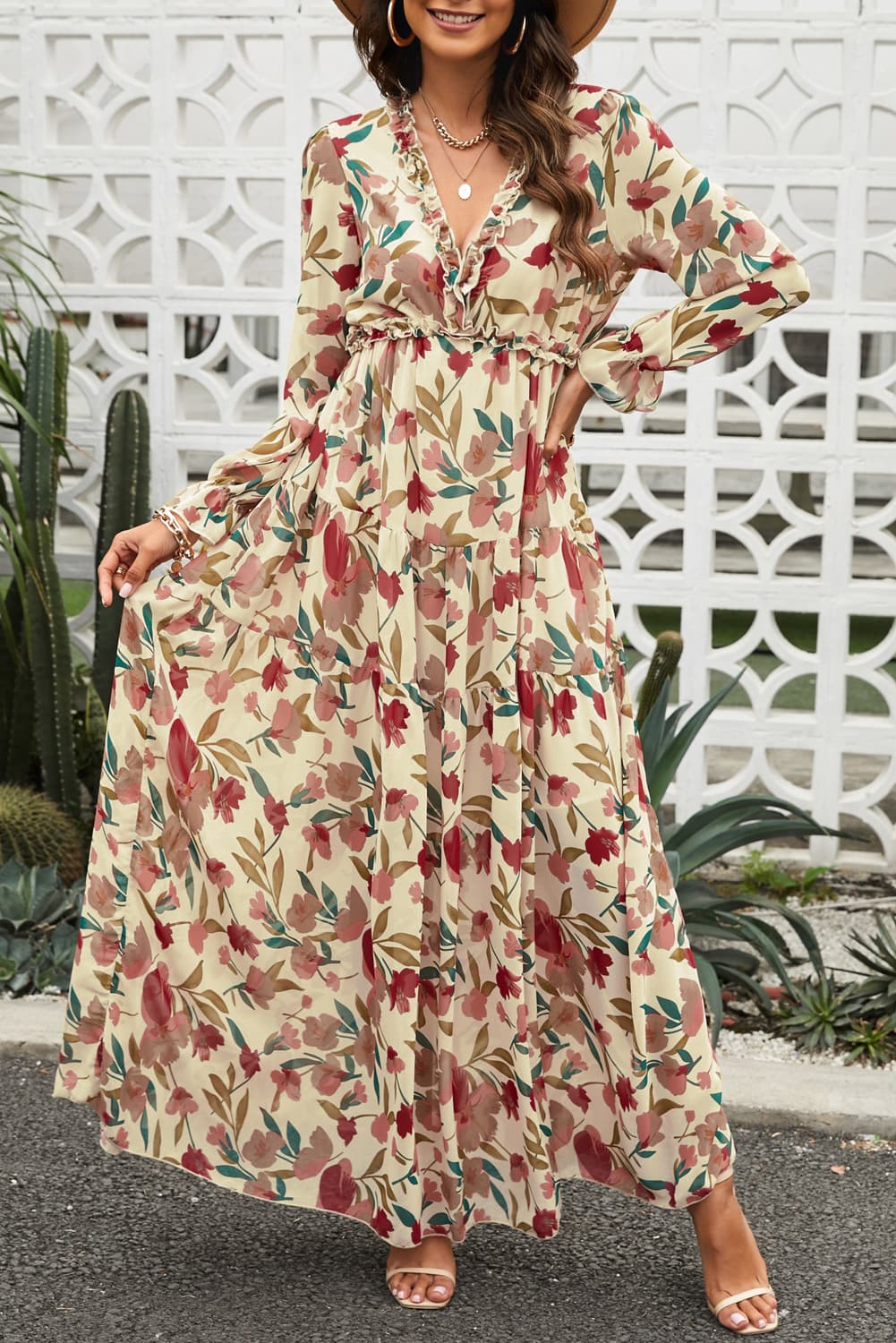 Long Sleeve Ruffle Tiered Lightweight Retro Floral Summer Maxi Dress