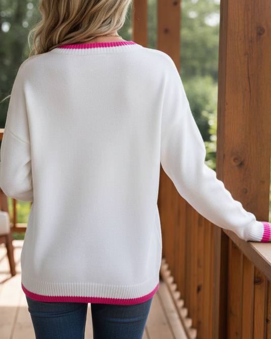 Strawberry Intarsia Knit Contrast Trim Crew Neck Pullover Long Sleeve Sweater