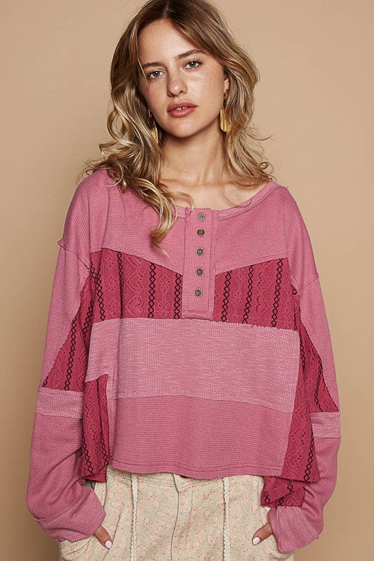 POL Eyelet Patchwork Waffle Knit Exposed Seam Top Embroidered Heart Oversized Shirt