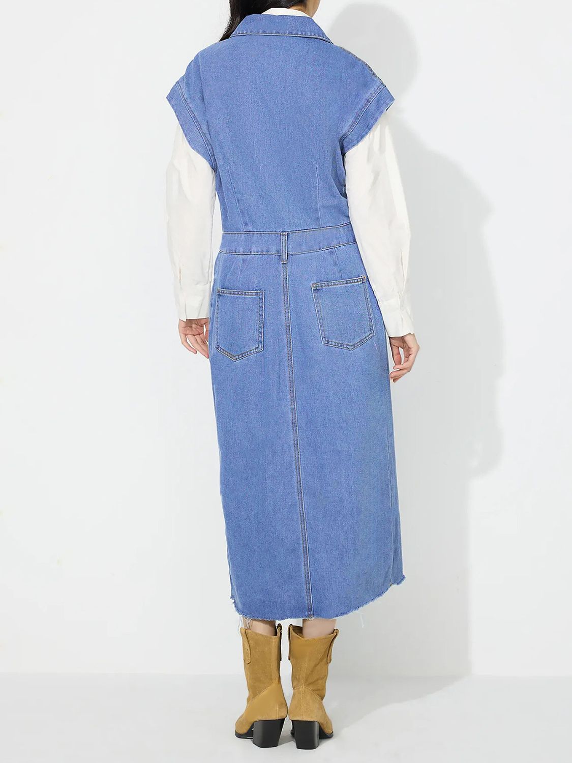 Denim Jacket Dress Pocket Chest Jean Collared Midi Half Button Slit Front