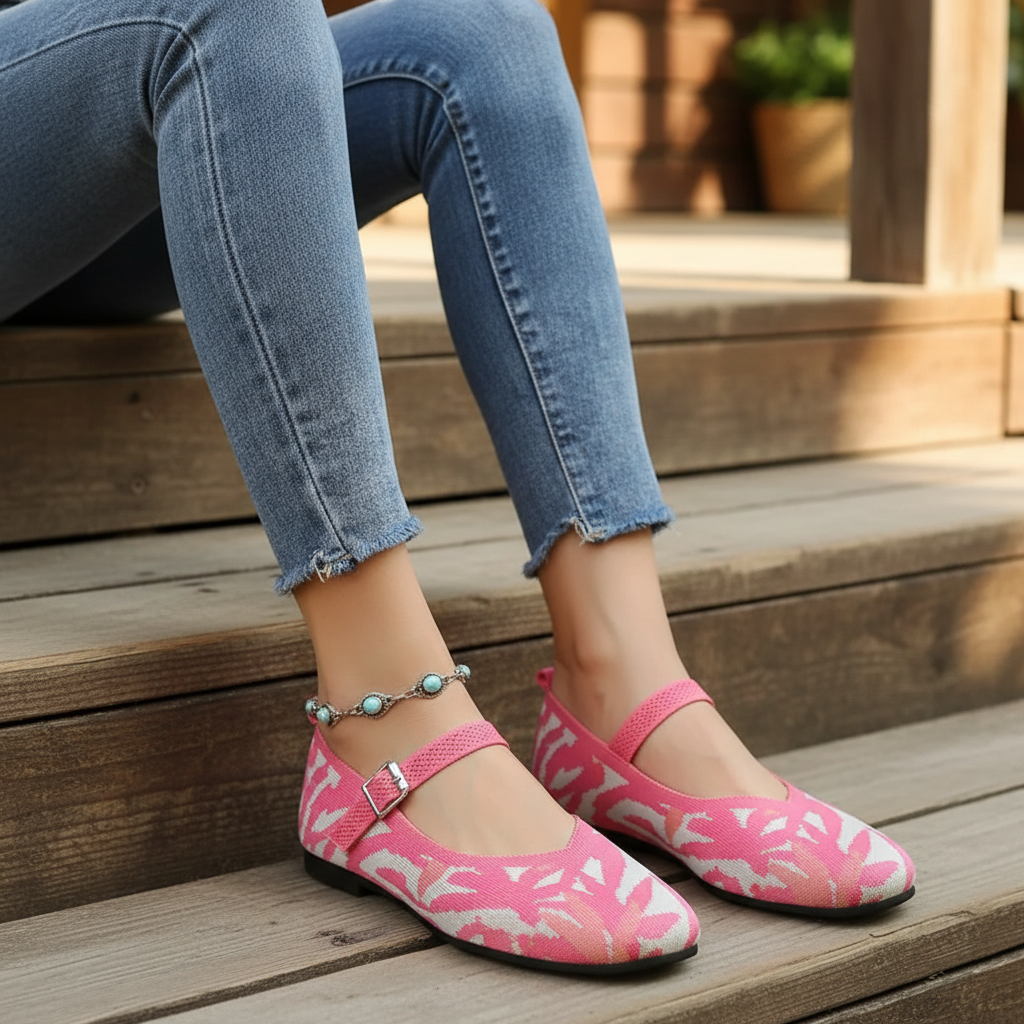 Mary Jane Flats Round Toe Mesh Slip-On Adjustable Buckle Color Contrast Shoes