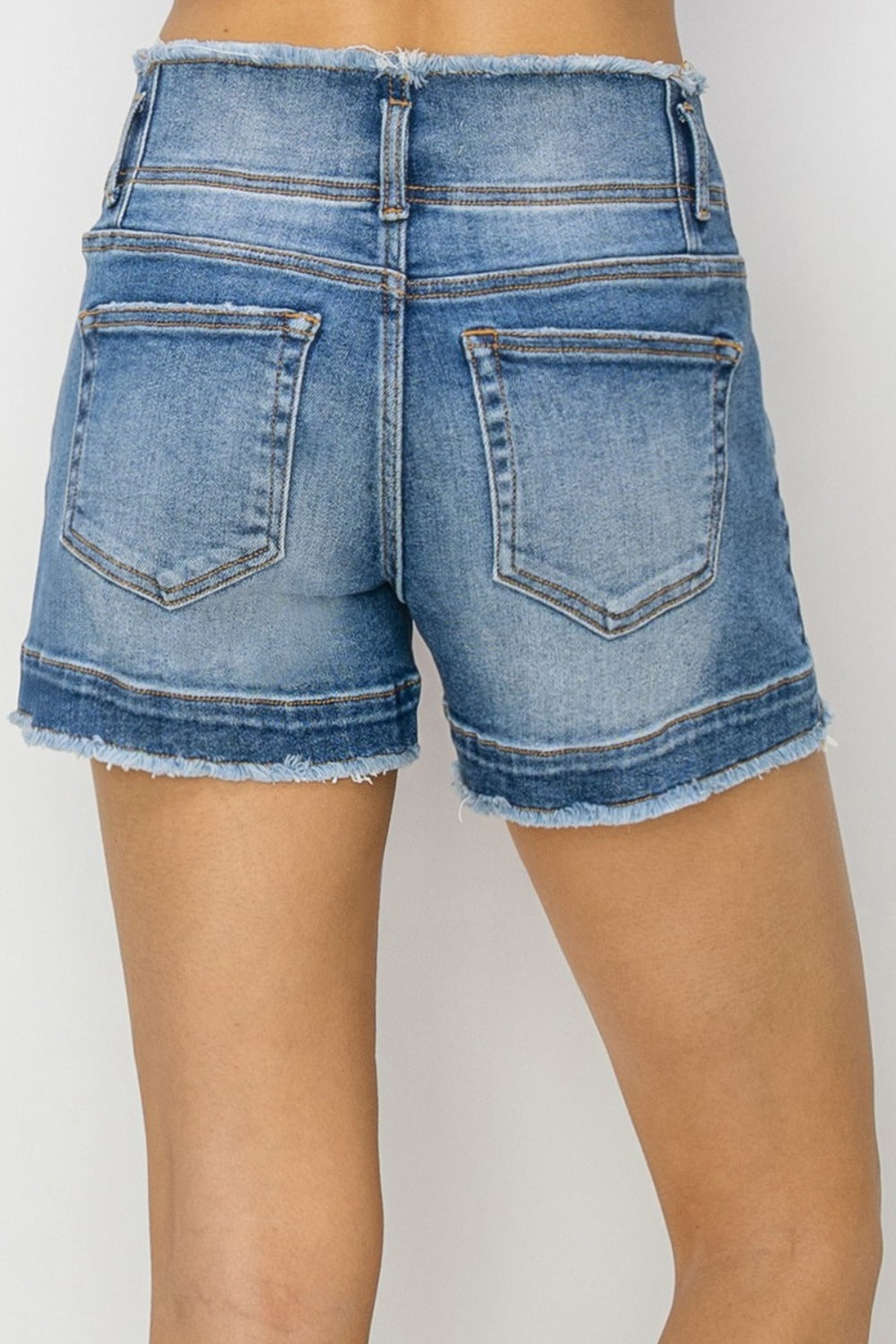 RISEN Torn High Rise Double Button Waist Denim Frayed Cut-off Distressed Jean Shorts