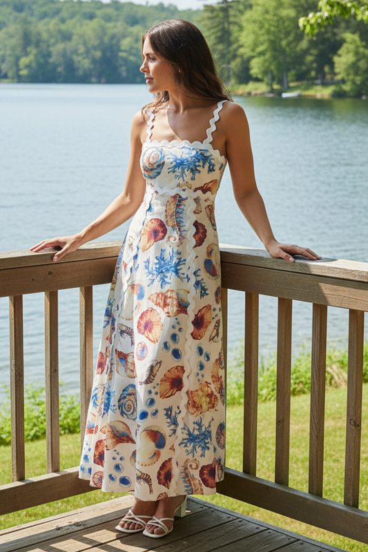 Seashell Ocean Palm Beach Scalloped Trim Cutout Tie Back Coastal Midi Dress