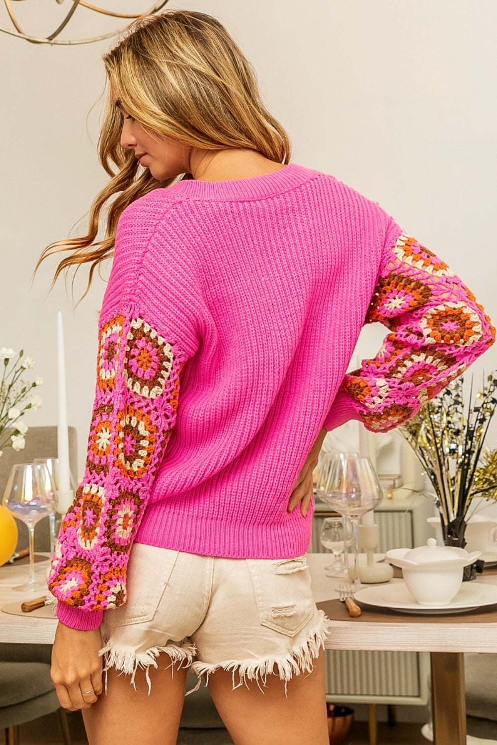 BiBi Crochet Granny Square Top Pullover Sweater Rib Knit Long Sleeve V-neck Shirt