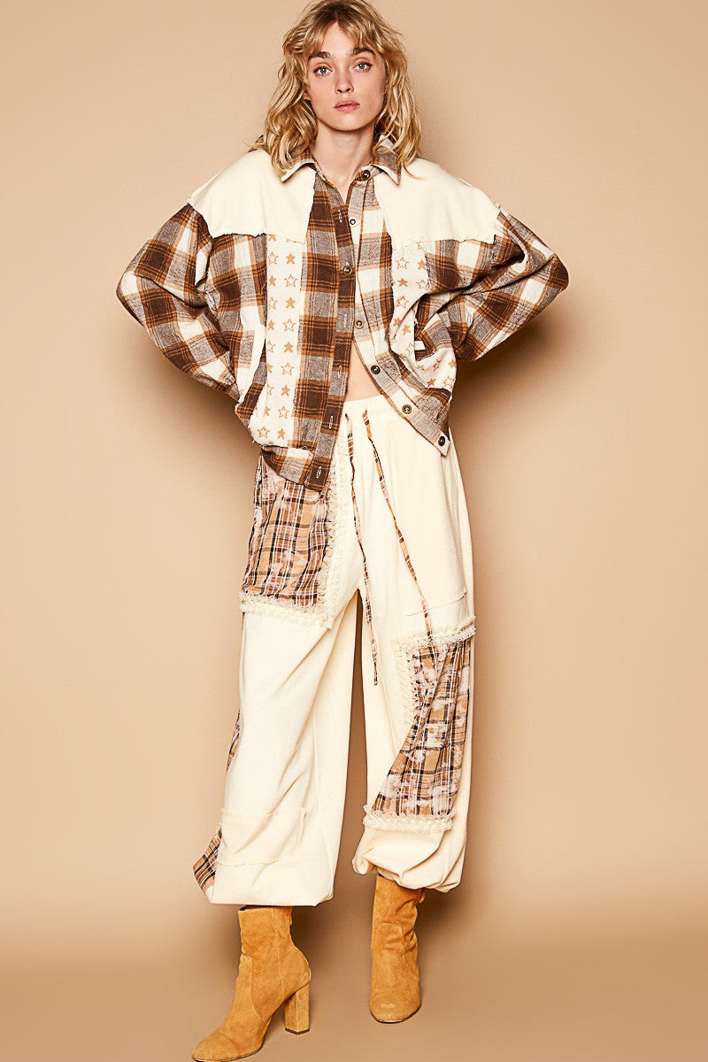 POL Shacket Star Plaid Bohemian Patchwork Exposed Raw Frayed Seam Oversized Jacket