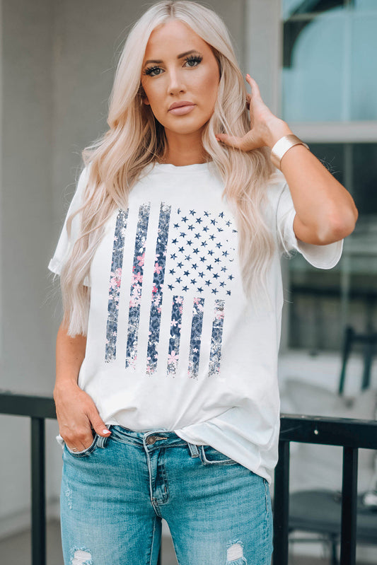 American Flag Floral Graphic Top Classic Patriotic Cuffed Short Sleeve Shirt