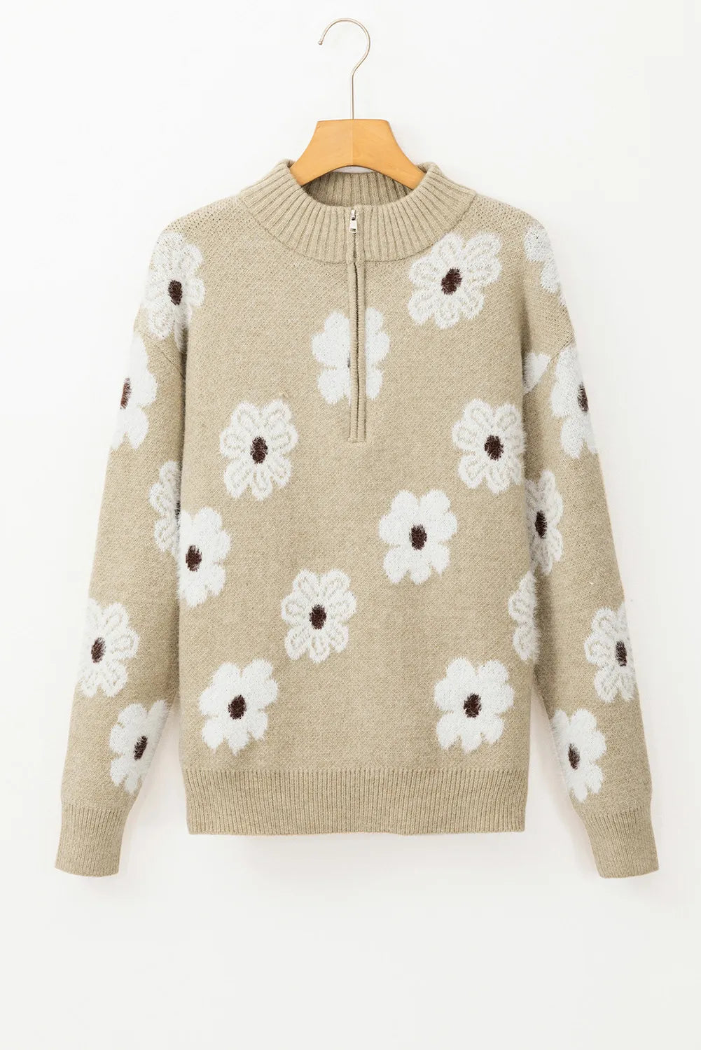 Fuzzy Half-Zip Pullover Daisy Retro Flower Top Eyelash Knit Henley Neck Sweater Shirt