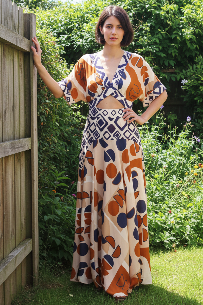 Cutout Abstract Geometric Deep V-Neck 70s Revival Wide Short Sleeve Maxi Dress