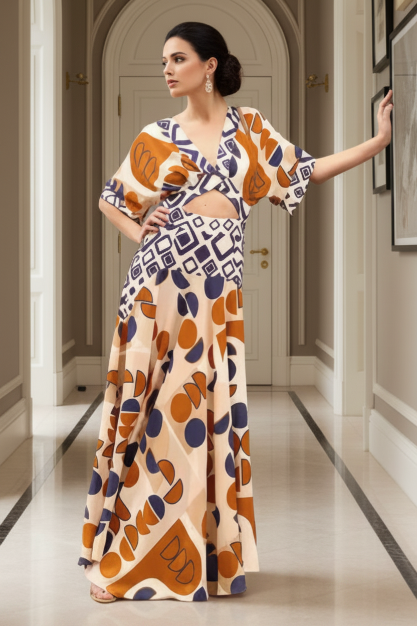 Cutout Abstract Geometric Deep V-Neck 70s Revival Wide Short Sleeve Maxi Dress