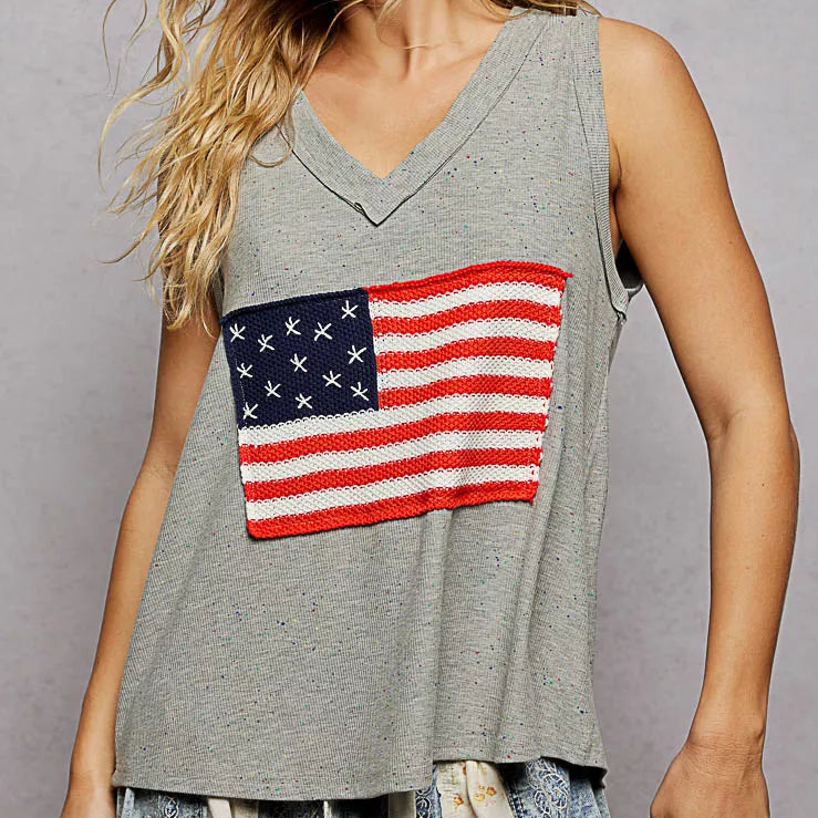 POL Crochet American Flag Patchwork Ribbed Tank Top V-Neck Sleeveless Shirt Gray