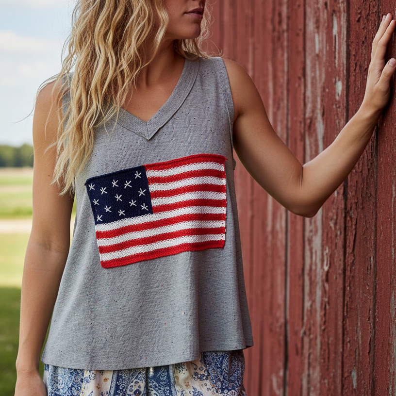 POL Crochet American Flag Patchwork Ribbed Tank Top V-Neck Sleeveless Shirt Gray