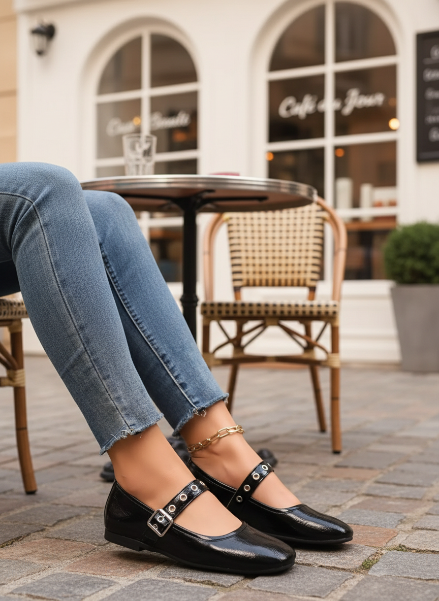 Mary Jane Loafers Glossy Vegan Patent Leather Round Toe Ballet Flats Buckle Shoes