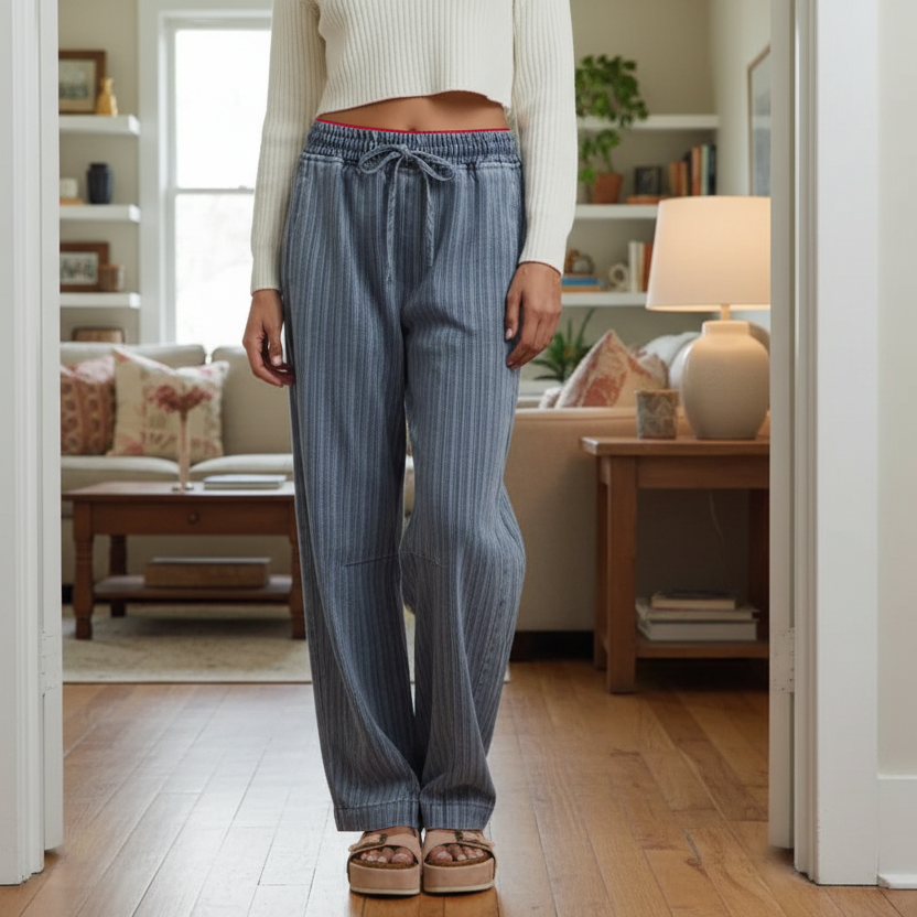 SO ME Retro Stripe Denim Horseshoe Barrel Jeans Drawstring Waist Denim Jeans