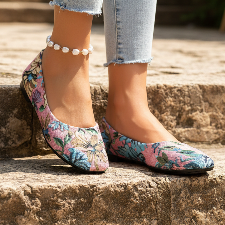 Retro Floral Tapestry Needlepoint Slip-On Shoes Square Toe Lightweight Ballet Flats