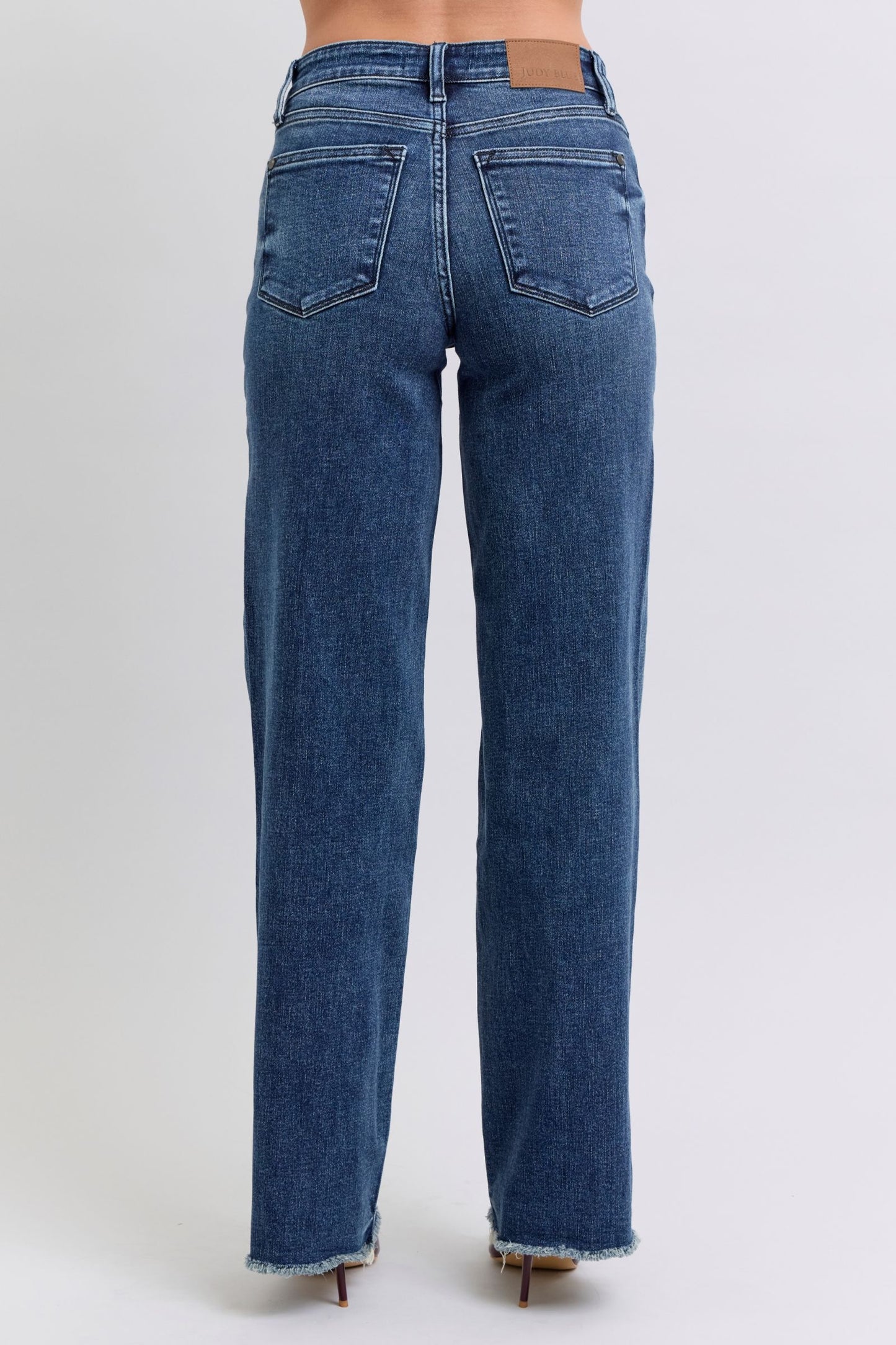 Judy Blue Mid-Rise Straight Leg Boyfriend Relaxed Jeans Raw Hem Denim Pants