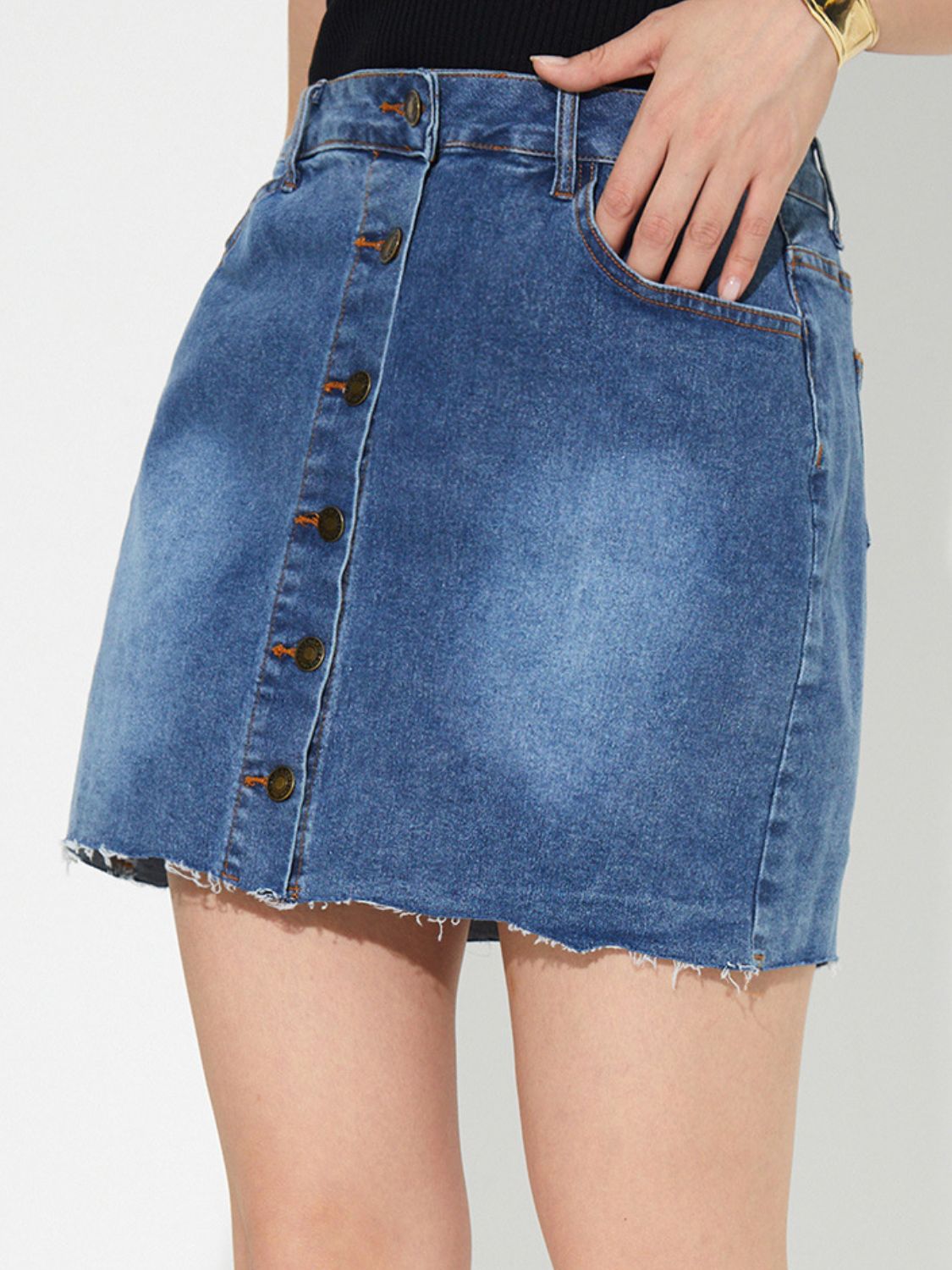 Retro Jean Skirt Button Fly Stone Wash Blue Denim Raw Hem Pocket Mini Skirt