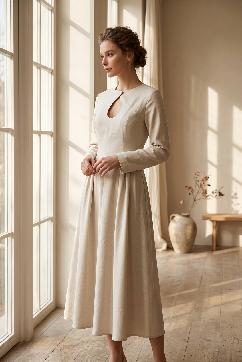 Teardrop Keyhole Cutout Chest Long Sleeve A-Line Midi Princess Seam Prairie Dress