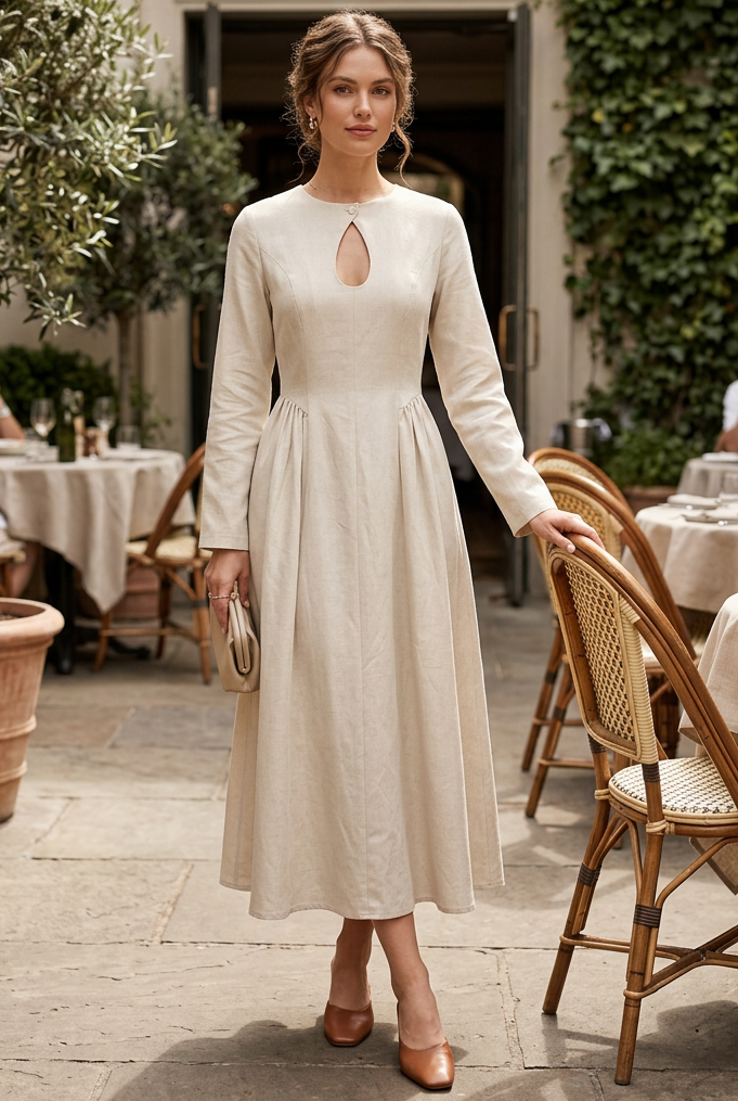 Teardrop Keyhole Cutout Chest Long Sleeve A-Line Midi Princess Seam Prairie Dress