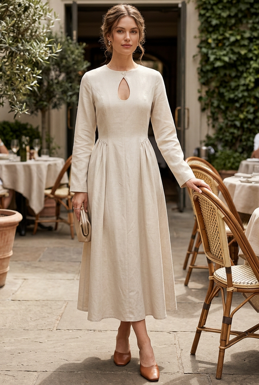 Teardrop Keyhole Cutout Chest Long Sleeve A-Line Midi Princess Seam Prairie Dress