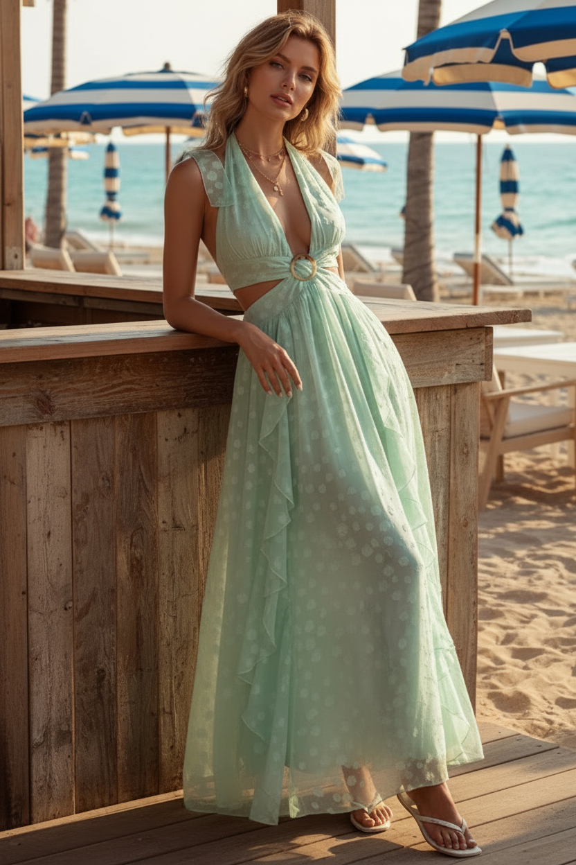 Cascading Ruffle Cutout Center Ring Plunge Halter Open Tie-Back Maxi Dress