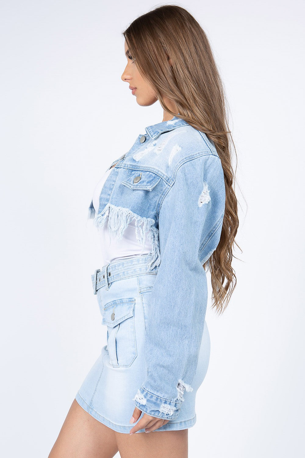 American Bazi Ultra Cropped Distressed Frayed Cut-Off Denim Button-Up Jean Jacket